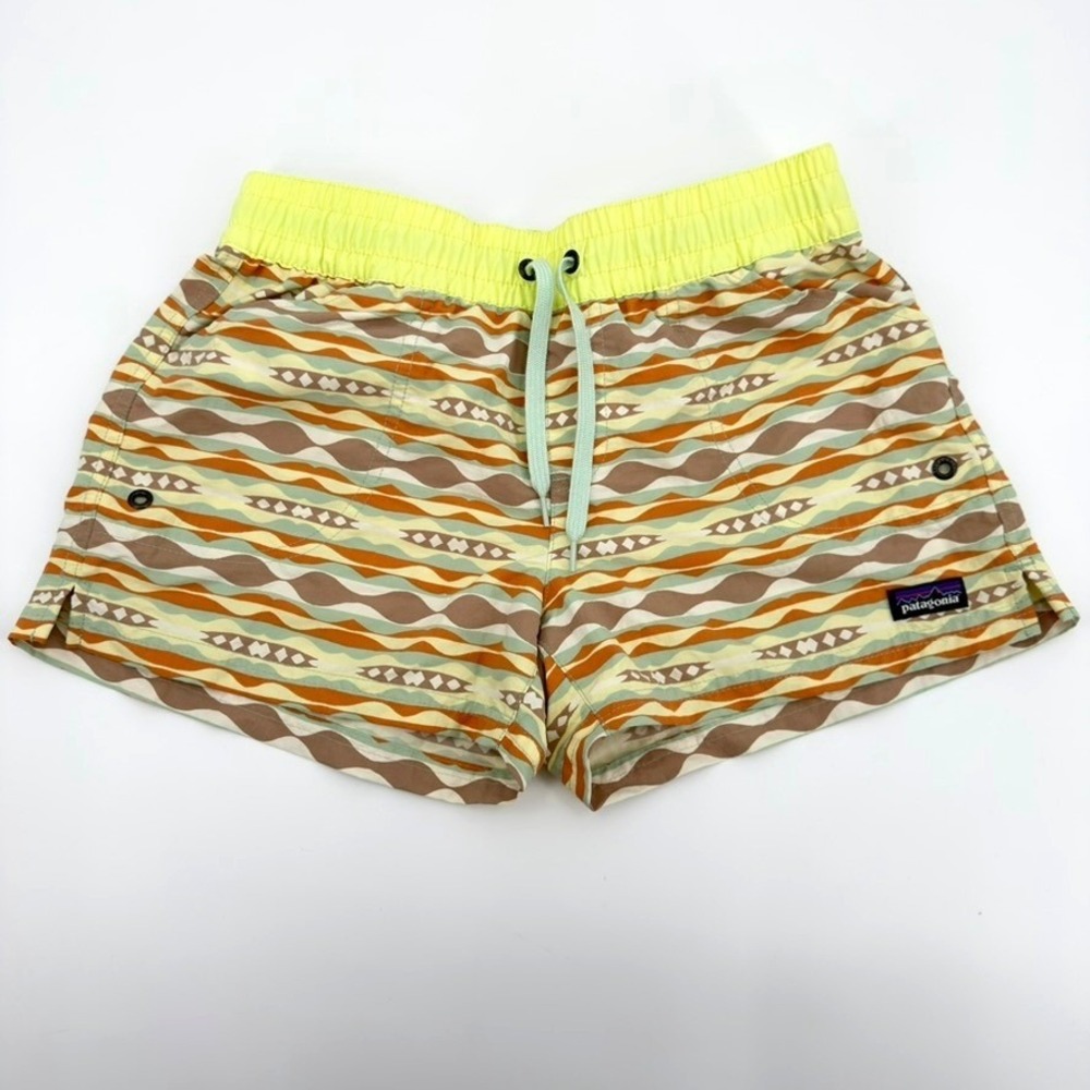 Patagonia Girls XL Baggies Shorts Orange Wave Pattern Recycled Nylon Swim Trunks